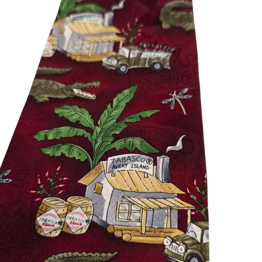 TABASCO Alligator‎ Tropical Scene Silk Necktie Red Burgundy Men's Accessory